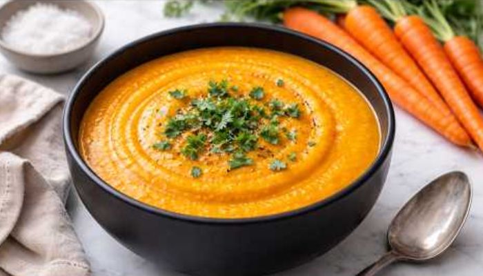 Roasted carrot and sage soup with garlic pittas